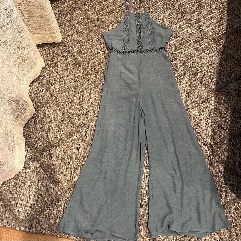 Flying Tomato Slate Blue Crochet-Detail Halter Jumpsuit